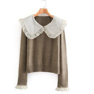 Evfer Vrouwen Mode Patchwork Ruches Kraag Za Gebreide Pullover Tops Vrouwelijke Casual Lange Mouw Koffie Kleur Herfst Trui Chic