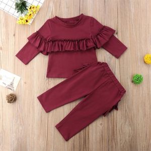 0-24M Peuter Kid Baby Meisjes Herfst Winter Kleding Sets Wijn Rode Lange Mouwen Tops + Ruches Decor lange Broek Outfit Trainingspak