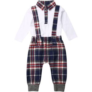 2 stuks Kerst Pasgeboren Baby Jongens Kleding Blouse Romper Plaids Bib Broek Outfits Set