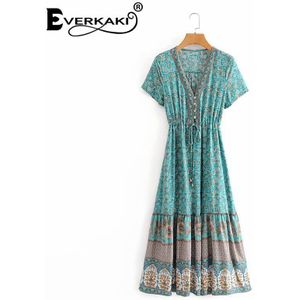 Everkaki Boho Print Maxi Jurk Vrouwen Zomer Vestidos Gypsy Sjerpen Bohemian Dames Etnische Lange Jurken Vrouwelijke Mode