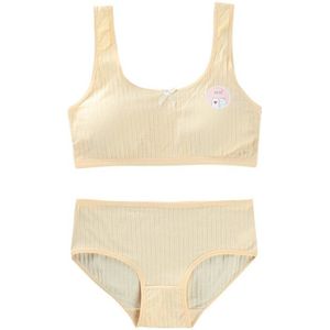 Puberteit Tieners Meisjes 2Pcs Sport Ondergoed Set Geribbelde Cute Bear Print Zoete Strik Padded Wirefree Training Beha En Hipster