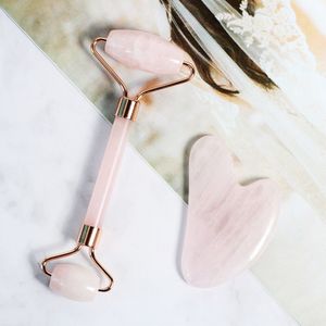 Roze Facial Massage Roller Dubbele Heads Rose Quartz Jade Stone Lifting Gezicht Lichaam Huid Ontspanning Afslanken Schoonheid Massager Set