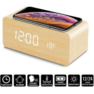 Moderne Houten Digitale LED Thermometer Alarm Digitale Klok Multi-fuction Qi Draadloze Telefoon Oplader