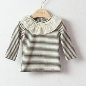 Lente Herfst 0-2 Jaar Baby Meisjes Leuke Kanten Kraag Gestreepte Base Tops Puur Katoen Casual Lange Mouwen T Shirts