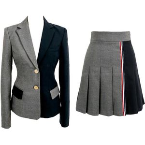 Herfst Chic Kleding Sets Vrouwen Werkkleding Grijs Zwart Patchwork Blazer Jas En Mini Rok Vrouwen Tweedelige Set Office Suit SL001