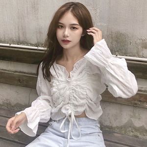 Neploe Vrouwen Ruche Witte Shirts Lange Mouw Crop Blouse Solid V-hals Geplooide Shirt Blusas Koreaanse Sexy Sweet Tops 1A518