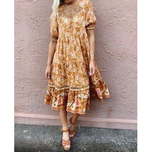 Boho Geïnspireerd Gesmokte Lange Boho Jurk Rayon Bladerdeeg Mouw Vintage Bloemen Zomer Jurk Ruffle Tiered Jurk Vrouwen Jurken