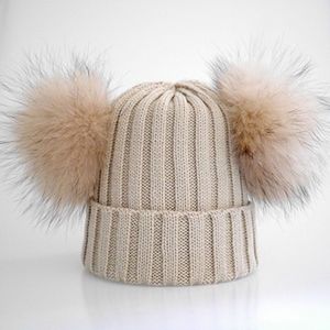 Volwassen Dubbele Bont Pompon Winter Hoeden voor Vrouwen Wol Blend Gebreide Heren Hoeden en Caps