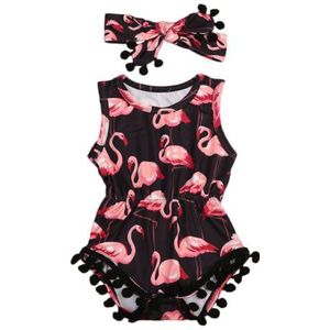 Peuter Baby Meisje Mouwloze Bodysuit Haarband 2 Stuks Jumpsuit Outfits Flamingo Sunsuit Maat 0-24M