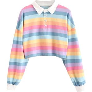 Vrouwen Gestreepte Regenboog Half Knop Crop Sweatshirt Korte Polo Shirt Lange Mouw Vrouwen Shirts Herfst Truien Top Vrouwelijke #0101