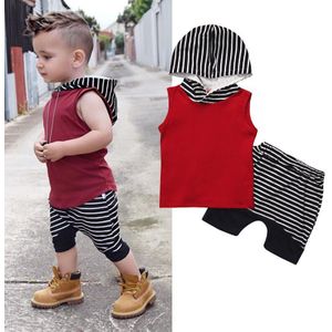 Pudcoco Baby Jongens Kleding Sets Mouwloze Hooded Tank Tops + Streep Shorts 2 Stuks Katoenen Zomer Peuter Zuigeling Outfits 0-4Y