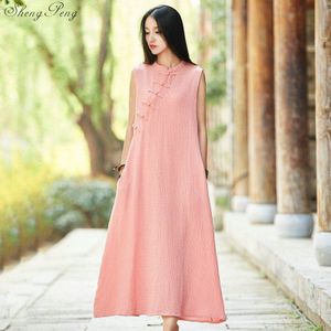 zomer chinese traditionele kleding vrouwen katoen linnen Cheongsam mouwloze losse jurk qipao V1586