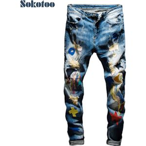 Mannen Gekleurde Patchwork Ripped Jeans Trendy Mode Patch Borduurwerk Stretch Denim Broek Slanke Rechte Broek