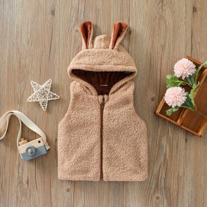 Kinderen Effen Kleur Capuchon Loose Fit Mouwloze Zip Up Vest Herfst Winter Meisjes Mode Cartoon Teddy Pluizige Vest
