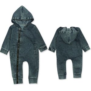 Brand Baby Kids Baby Jongens Denim Romper Lange Mouwen Rits Hooded Solid Lente Herfst Jumpsuits Jeans Kleding 6 m-24 m
