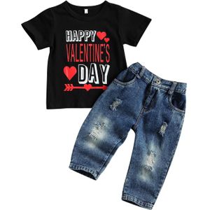 Kid Jongens Meisjes Ripped Jeans Pak Brief Print Ronde Hals Korte Mouw Top En Lange Broek 2 Stuk Pak