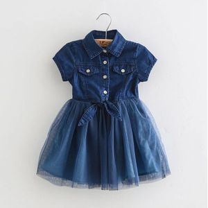 Baby Meisjes Jurk Zomer Denim Jurk Kids Korte Mouw Turn Down Kraag Splicing Jurk Kinderen Meisje Casual Kleding