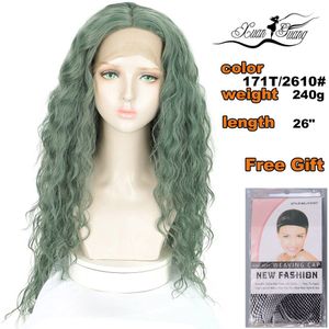 Xuanguang Lange Cosplay Golvend Synthetische Lace Front Pruik Middenscheiding Haar Pruik Hoge Temperatuur Weerstand Lichtgroen Pruik