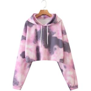 Womens Pink Tie-Dye Cropped Hoodie Sport Casual Koord Raglan Sweater Mode Lente Herfst Korte Ontspannen Fit Outfit Top