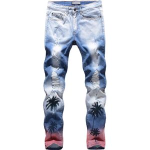 Mannen Mannelijke Mode Casual Kokospalm Bedrukte Gekleurde Ripped Jeans Slim Fit Gaten Verontruste Stretch Denim Broek Broek