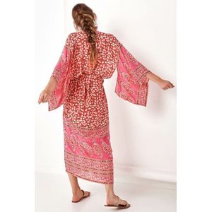 Womens Lente Chiffon Kimono Vest Bohemian Retro Rode Paisley Bloemen Gedrukt Badpak Cover Up Losse Mid-Kalf Maxi