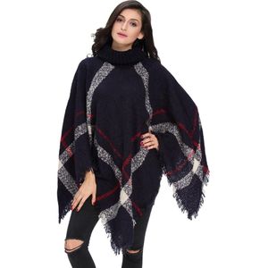 [Visuele Assen] Plus Size Winter Warm Vrouwen Wollen Coltrui Mouwloze Truien Vintage Plaid Gebreide Trui Poncho