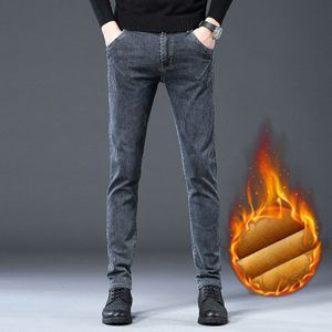 Winter Mannen Warme Skinny Jeans Klassieke Stijl Business Casual Grey Denim Elasticiteit Katoen Dikke Broek 27-38
