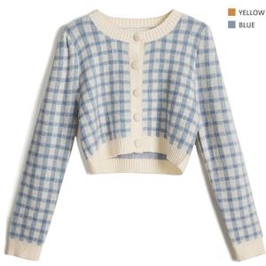 Nomikuma Vintage Plaid Gebreide Vest Koreaanse Korte Gebreide Vrouwen Jas Herfst Lange Mouw O-hals Zoete Crop Top Trui 6D016