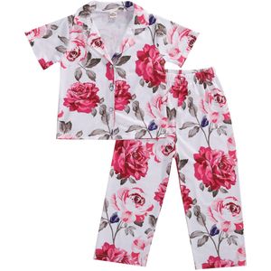 1-5Y Kids Meisjes Nachtkleding Pyjama Sets Bloemen Print V-hals Korte Mouwen Single Breasted Tops Lange Broek