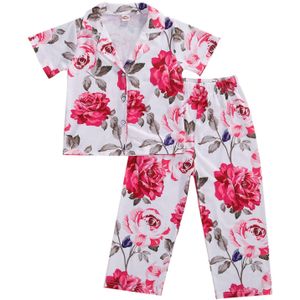 0-5Y Zomer Meisjes Katoenen Pyjama Set Grote Bloemenprint Korte Mouw Tops + Lange Broek Zachte Nachtkleding 2 Stuks kids Outfits Set