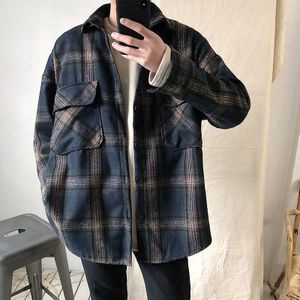 herfst persoonlijkheid trend retro plaid katoen grote maat loose casual shirt jas heren grijs/zwart S-XL