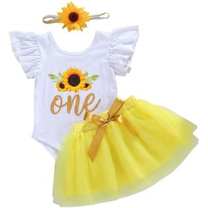 Pasgeboren Kids Baby Meisjes Verjaardag Prinses Kleding Sets Zonnebloemen Brief Ruches Mouwen Romper Tops + Kant Tutu Rokken Hoofdband