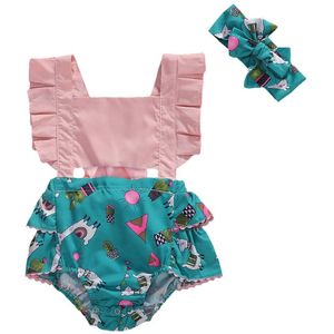 Zomer Baby Baby Meisjes Bodysuits Hoofdband Bloemen Print Ruches Korte Mouw Jumpsuits Outfits