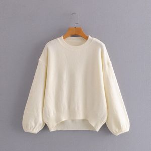 Tangada Fall Vrouwen Losse Trui Kasjmier Gebreide Trui Ronde Hals Lantaarn Mouwen Jumper 3A61