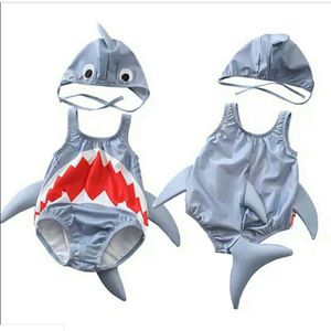 Baby Meisje Bikini Set Cartoon 3D Shark Een Stuk Badpak + Leuke Badmuts Peuter Badmode Kids Badpak pak