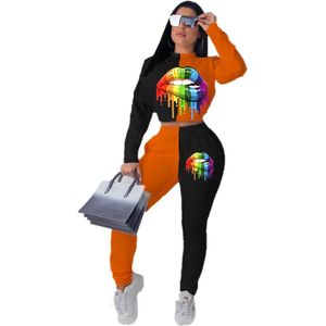 stijl sweatsuit dames rainbow lip print crop top en lange broek 2 delige set casual sport outfit ML5093