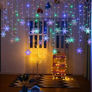 Kerst Decoratie Gordijn Sneeuwvlok Led Lichtslingers Knipperende Verlichting Gordijn Licht Waterdichte Outdoor Party Lichten