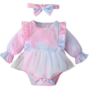 Focusnorm 0-18M Nieuw Herfst Baby Meisjes Mooie Bodysuits Hoofdband Tie-Dye Gedrukt Ruches Lange Mouwen Lace jumpsuits