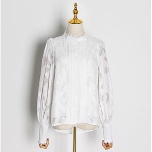 Twotwinstyle Patchwork Lace Vrouwen Shirts Lantaarn Lange Mouwen Stand Kraag Koreaanse Shirt Blouse Vrouwelijke Herfst Mode