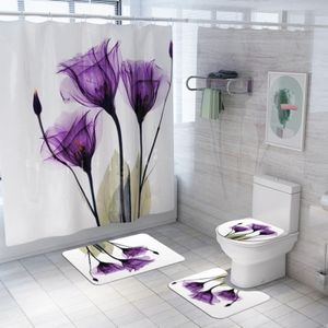 Paarse Lotus Douchegordijn Bloem Print Douchegordijn Voetstuk Tapijt Deksel Wc Cover Mat Badmat Set Voor Badkamer Decor