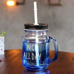 Gradiënt Blauwe Brief Glas Mason Jar Mok Met Deksel En Stro Koud Drankje Koffie Salade Smoothie Cup Water Glazen Beker