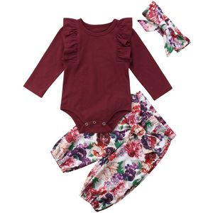 3 Pcs Pasgeboren Baby Meisjes Romper Baby Baby Tops Ruffle Romper Bloemen Broek Hoofdband Outfits Prinses Herfst Meisje Kleding Set