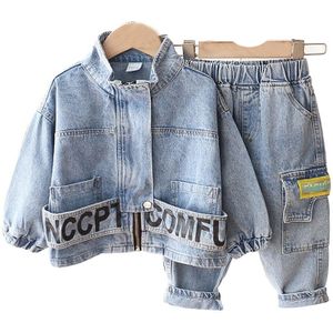 Denim Kids Kleding Set Casual Kinderen Twee Stuk Pak Stevige Blauwe Denim Jas + Broek Jongens Set Herfst Winter trainingspak