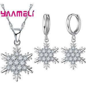 Luxe Sneeuwvlok Ketting Oorbellen Set Voor Vrouwen Classic 925 Sterling Zilver Aaa Cubic Zircon Stone Sieraden