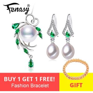 FENASY Parel Sieraden Sets, Parel Hanger Ketting Oorbellen Voor Vrouwen, bohemian 925 sterling zilver Emerald leaf grote oorbellen set