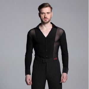 2017Men's V Kraag Latin Dance Kleding Lange Mouwen Shirts Moderne Cha-Cha Dans Wals Latin Dance Mannen Moderne Concurrentie jurk