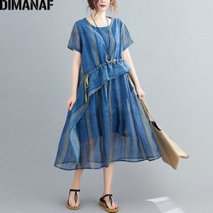 Dimanaf Plus Size Jurk Vrouwen Kleding Vintage Zomer Zonnejurk Gestreepte Print Lady Vestidos Losse Geplooide A-lijn Jurk