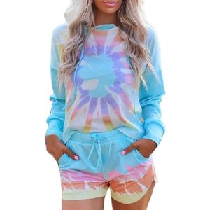 Vrouwen Mode Lange Mouw Nachtjapon Tie-Dye Afdrukken Capuchon Gebreide Winter Pyjama Set Losse Nachtkleding Sommeil Tops