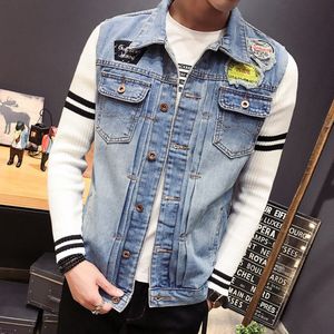 Mannen Denim Jas Mannen Koreaanse Slim Fit Patch Knit Mouw Tij Mannen Multi-Pocket Casual jas