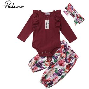 Zomer Mooie Mooie Peuter Baby Meisje 3Pcs Set Lange Mouw Wijn Rode Romper Tops Bloemenprint lange Broek Hoofdband